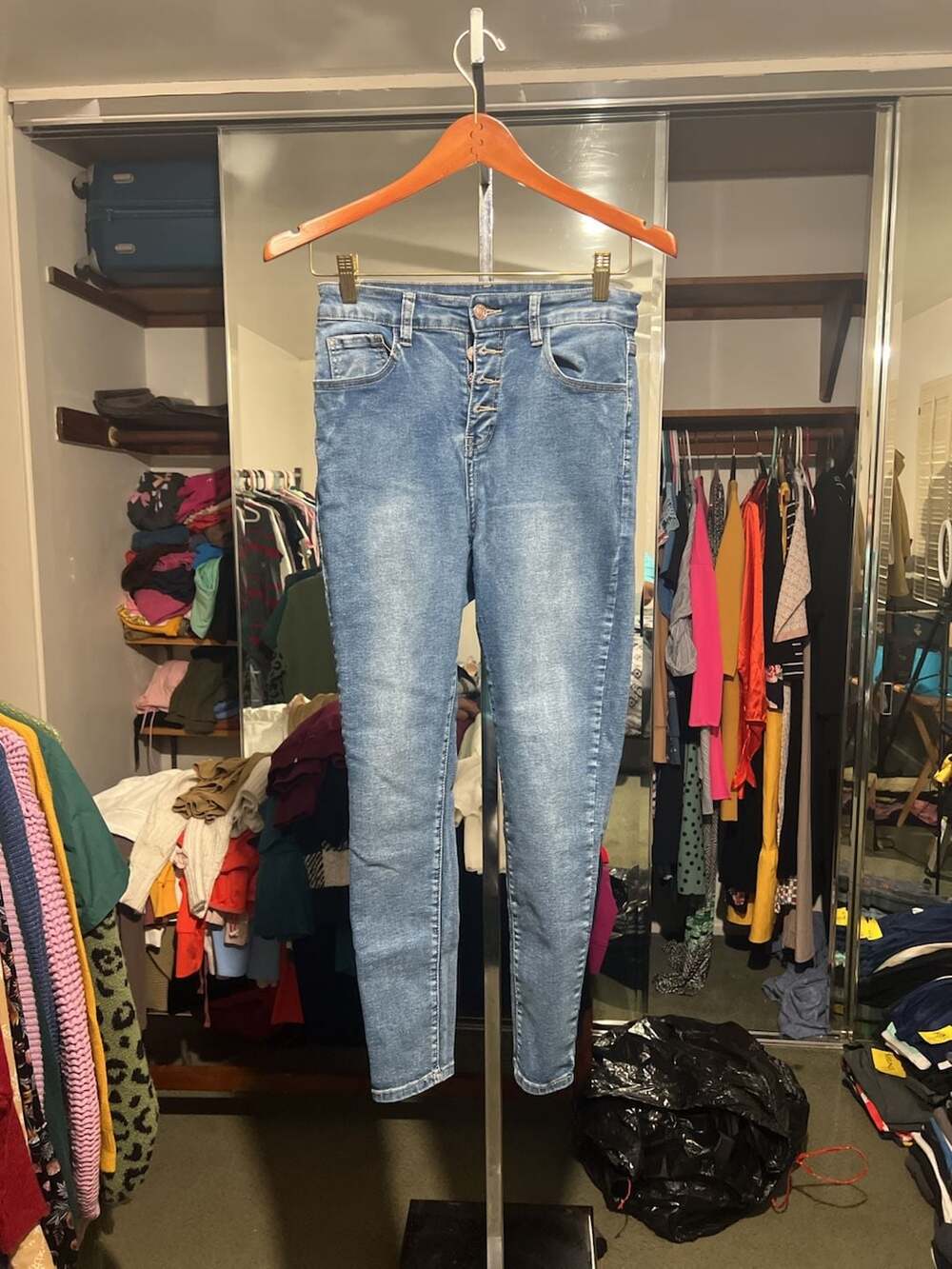SHEIN Button Fly Skinny Jeans Blue High Waist